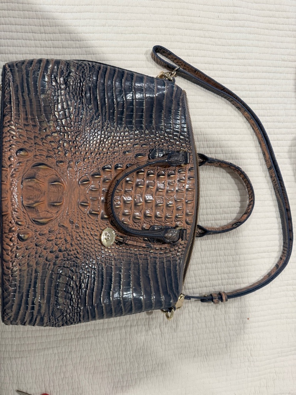 Brahmin Brown and Black Croc-Embossed Satchel